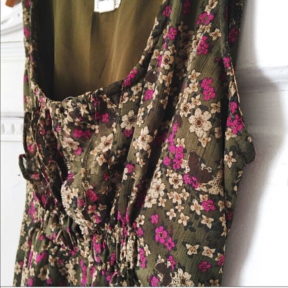 Converse Green Red Floral Print Midi Shift Dress Lined Ruffle Tie Waist Size XS - Picture 3 of 4